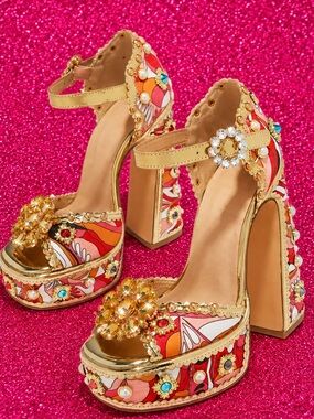 Miss Lola🩵Gold-Trim Floral Block Heels in Pink and Orange Turquoise Accent